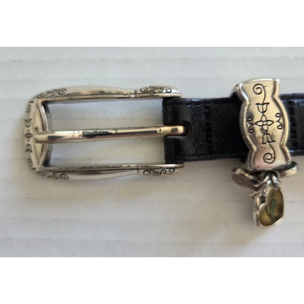 Vtg Brighton Skinny Belt B30283 Black Silver Buckle 3 Small Heart Charms Lg 34